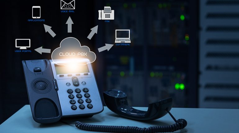 IP Telephony cloud pbx concept, telephone device with illustration icon of voip services and networking data center on background